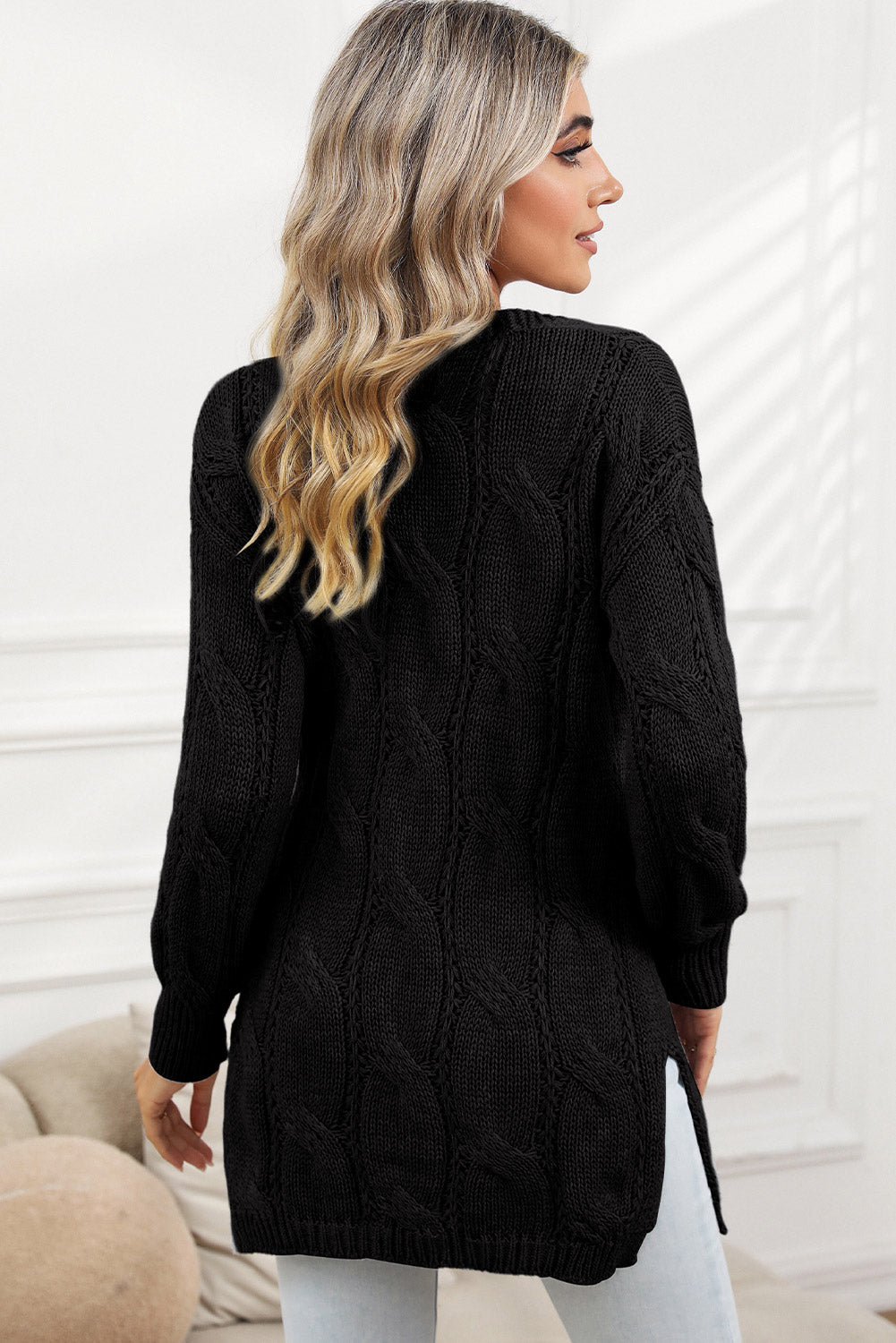 Apricot Ribbed Trim Hollow Knit Side Slits Cardigan