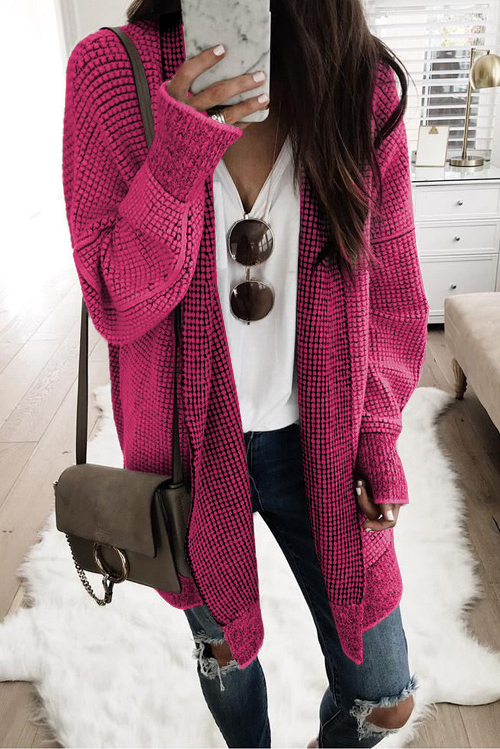 Black Plaid Casual Contrast Trim Knit Cardigan