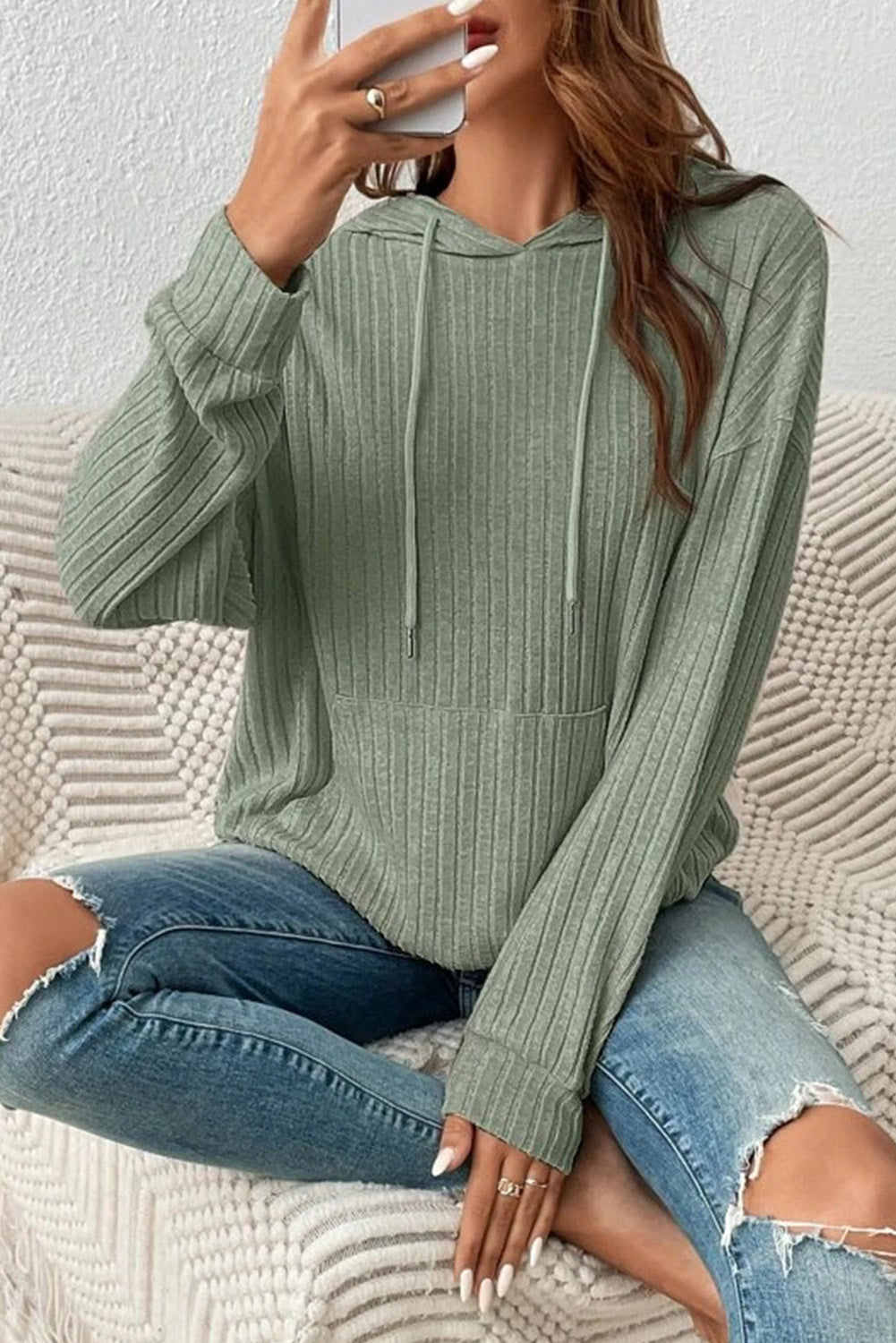 Green Pocket Wrinkle Drawstring Hooded Sweatshirt