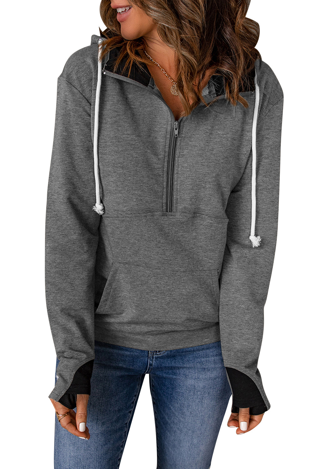 Grey Pocket Half Zip Thumbhole Sleeve Hoodie