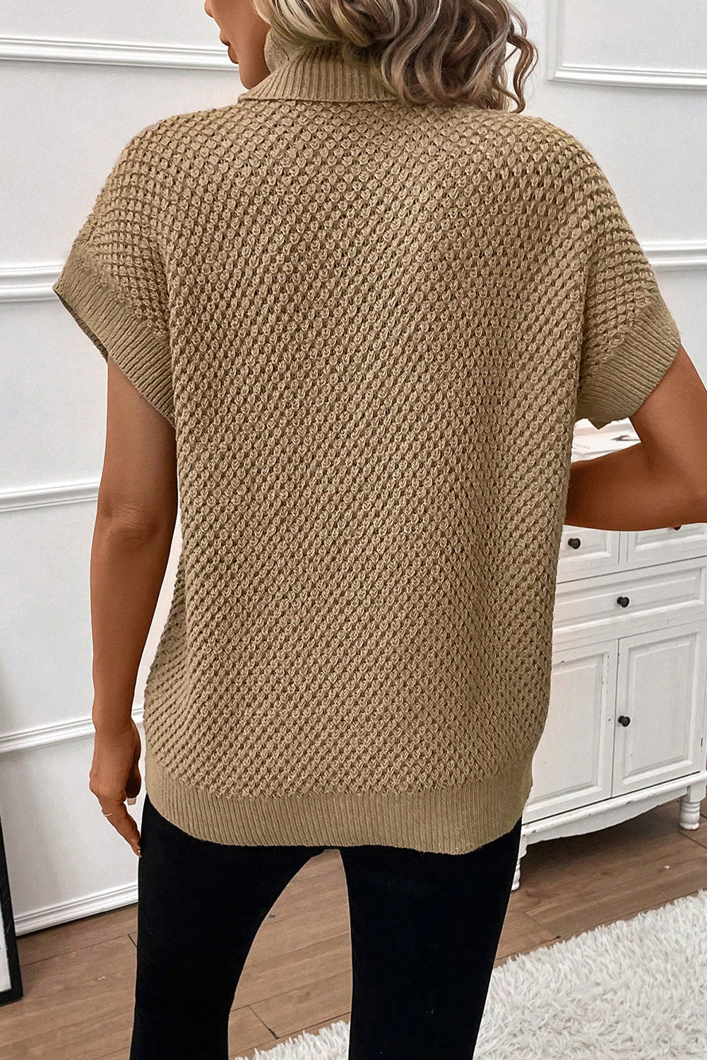 Khaki Ribbed Turtleneck Textured Short Sleeve Sweater