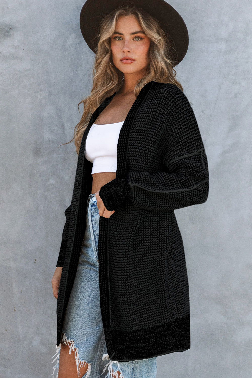 Black Plaid Casual Contrast Trim Knit Cardigan