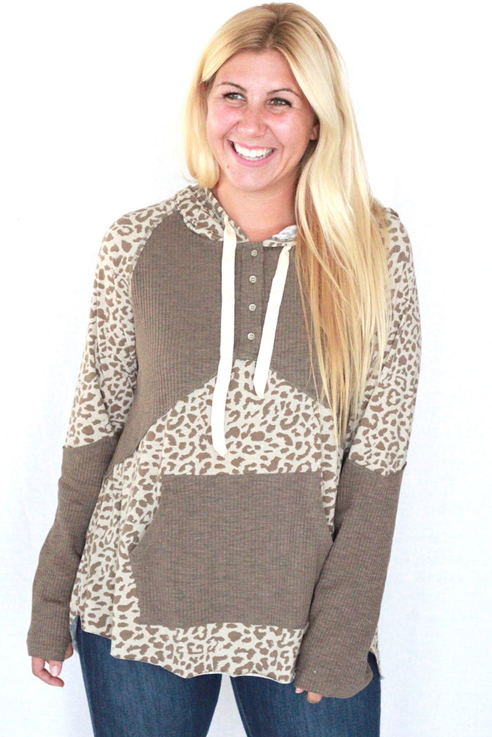 Leopard Ribbed Patchwork Kangaroo Pocket Henley Hoodie