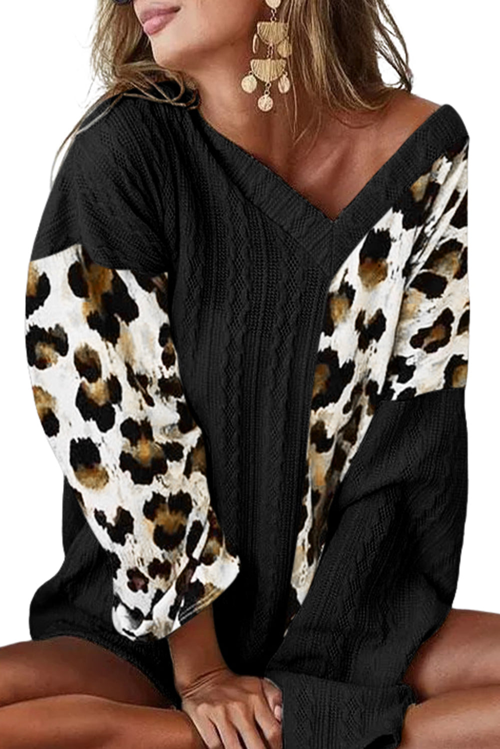 Black V Neck Leopard Colorblock Patchwork Long Sleeve Top