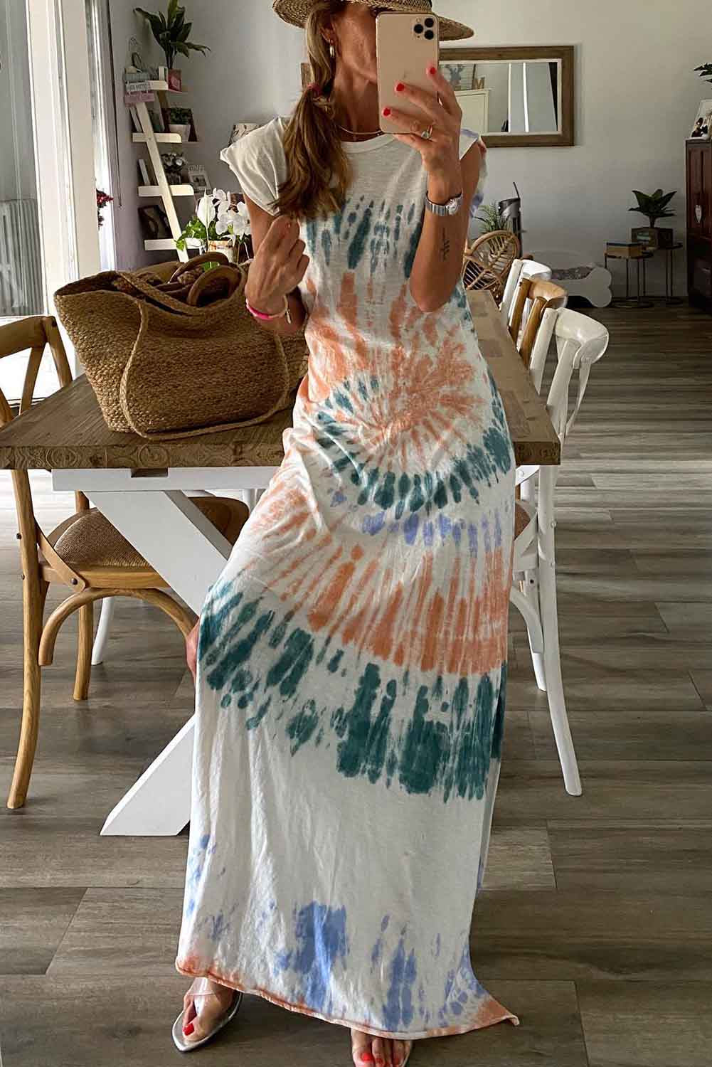 White Tie Dye Sleeveless Long Slit Dress