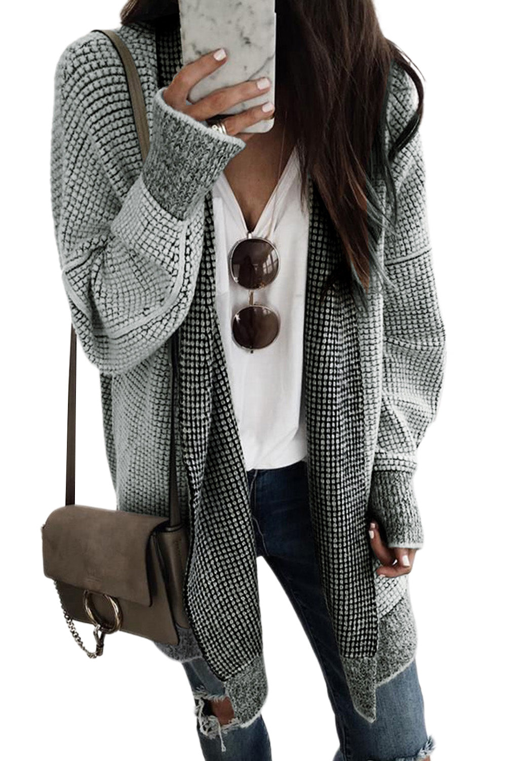 Black Plaid Casual Contrast Trim Knit Cardigan