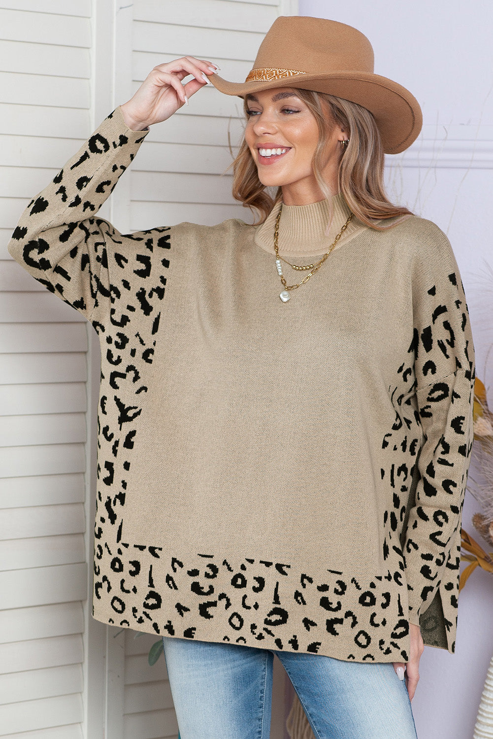 Khaki Leopard Casual Side Slit High Neck Oversized Sweater
