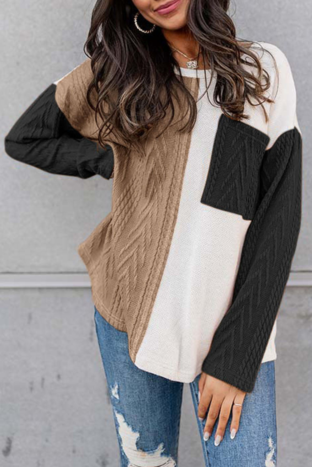 Peach Blossom Long Sleeve Patchwork Pocket Textured Knit Top