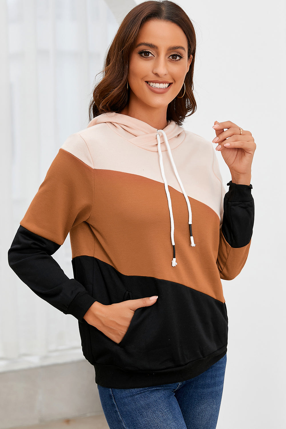 Khaki Color Block Long Sleeve Pullover Hoodie