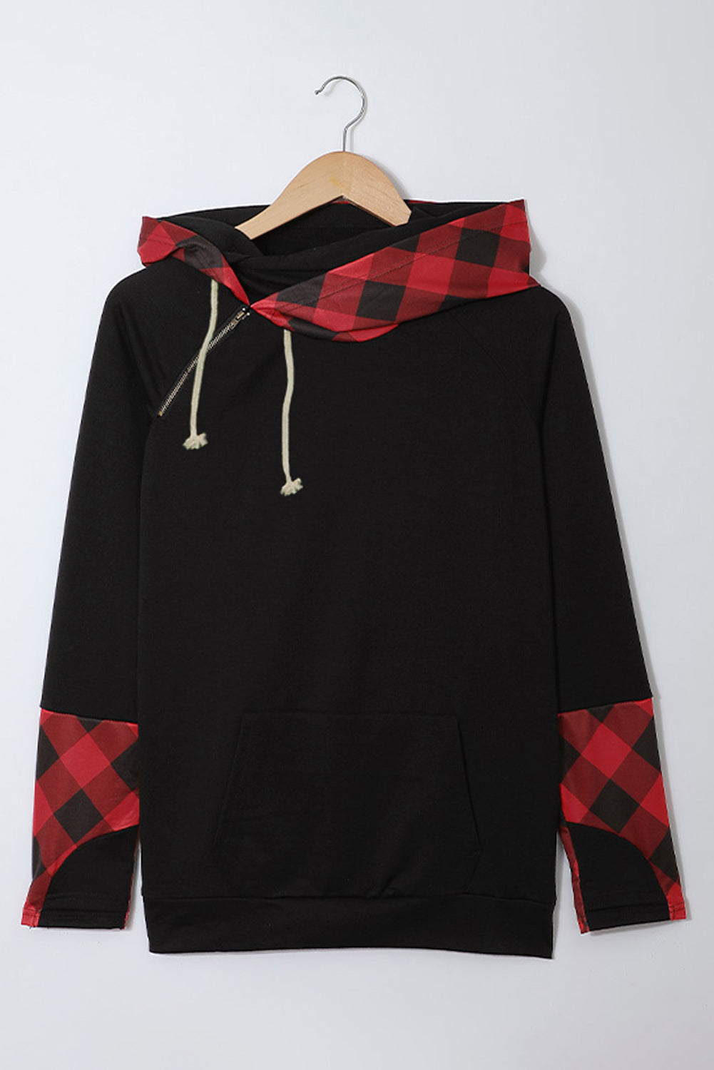 Black Raglan Sleeve Pullover Hoodie With Kangaroo Pocket