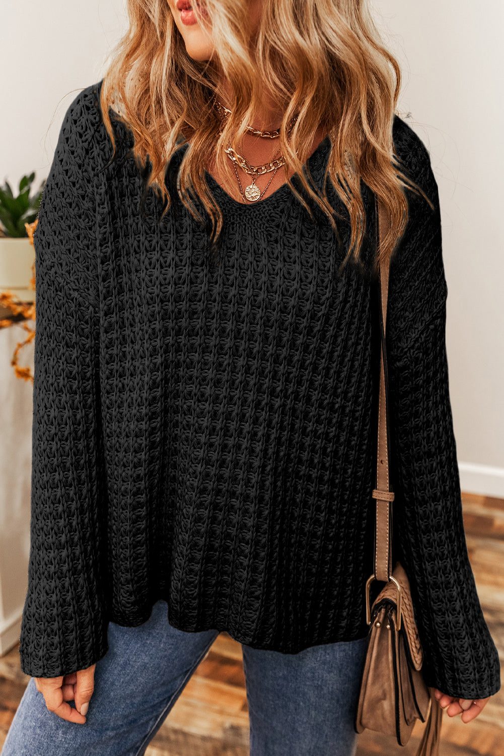 Black Knitted V Neck Loose Fit Sweater