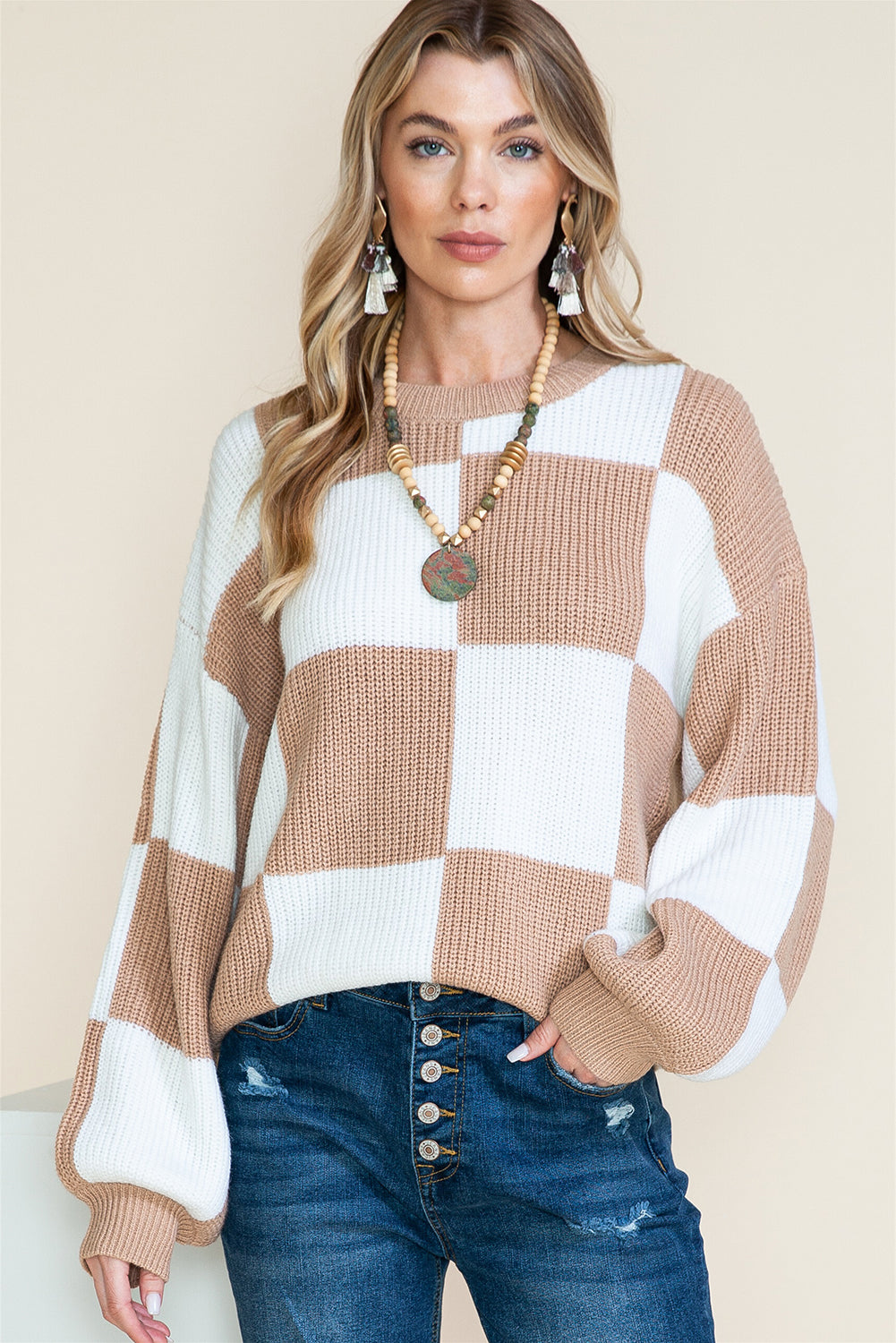 Smoke Gray Checkered Ribbed Knit Lantern Sleeve Sweater