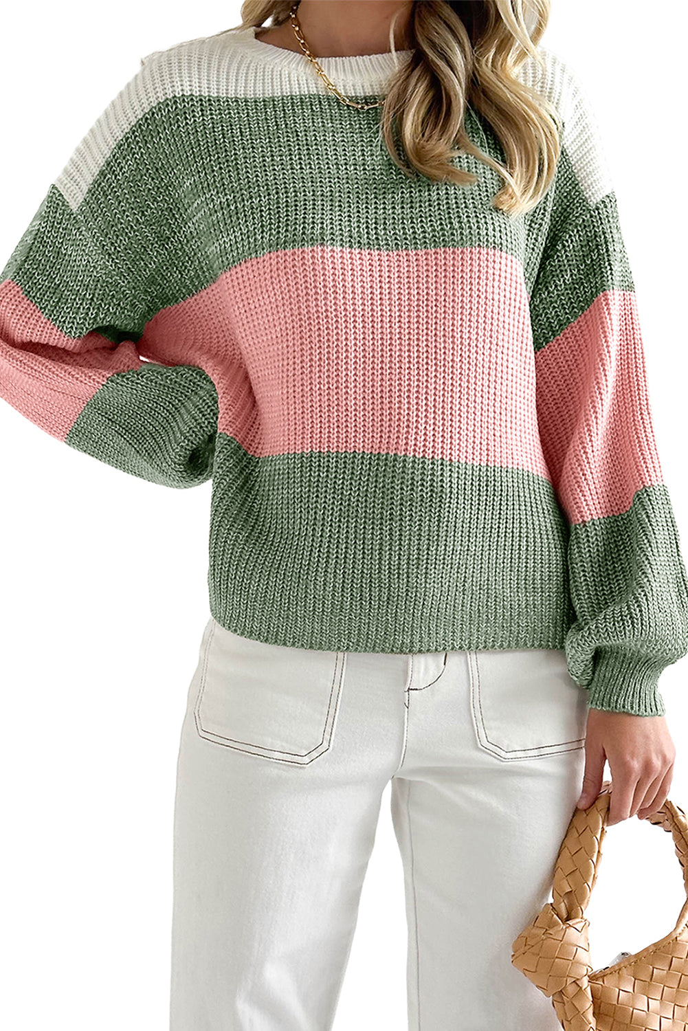 Green Colorblock Drop Shoulder Pullover Loose Sweater