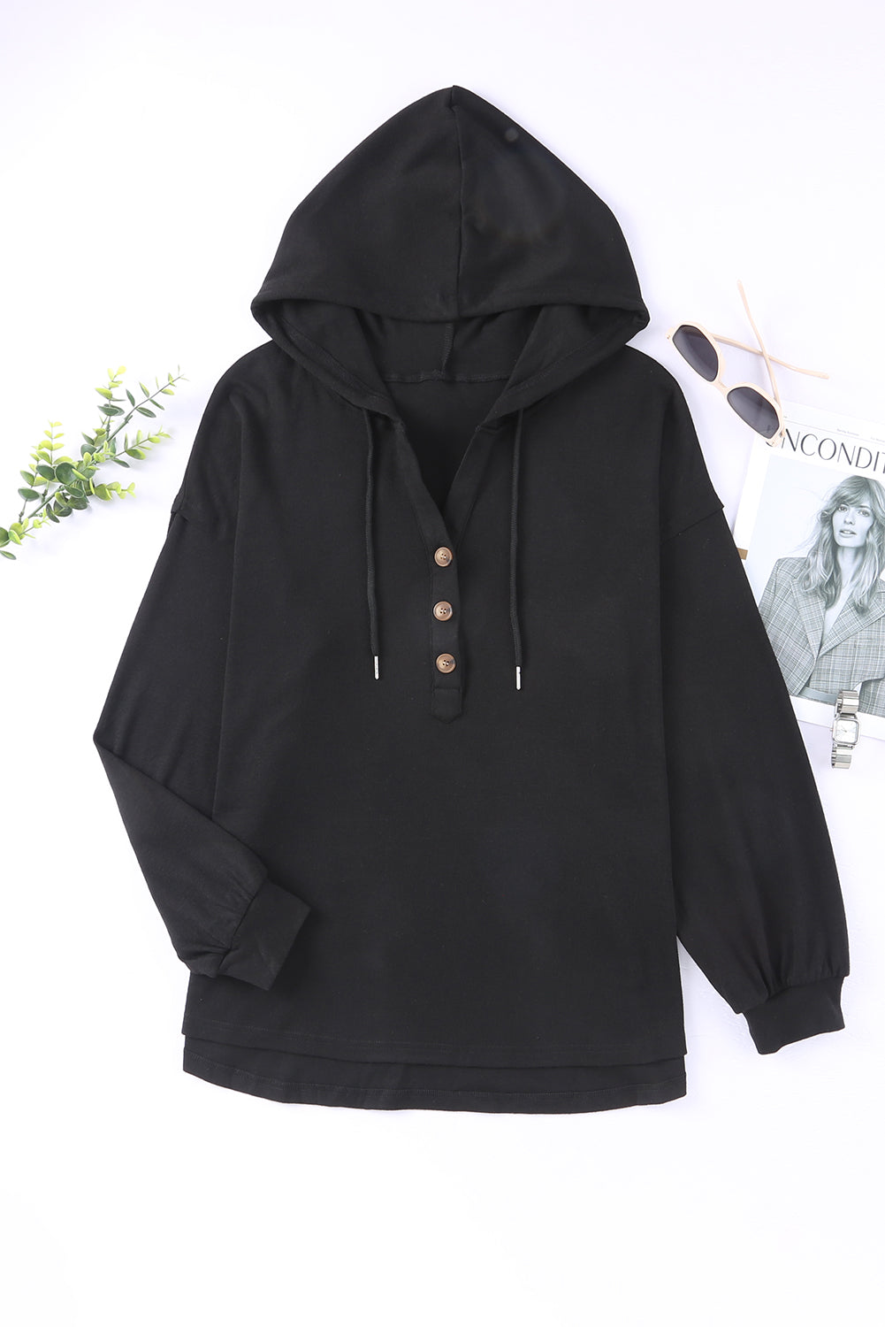 Green Button Front Pullover Hooded Sweatshirt