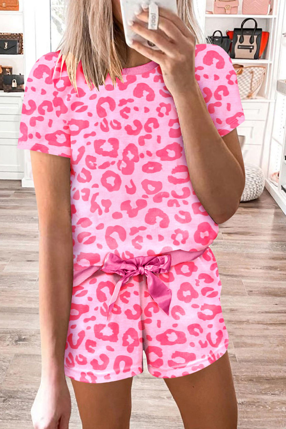 Pink Leopard Print Drawstring Shorts Loungewear Set