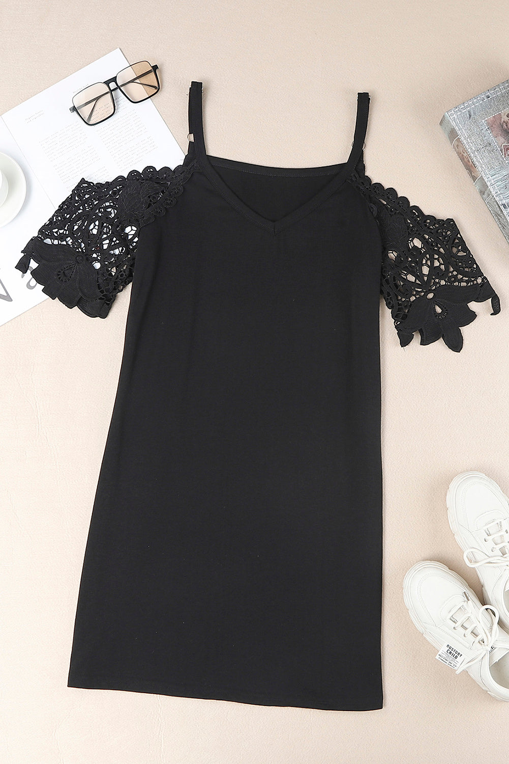 Black Casual Lace Splicing Cold Shoulder Short Dress