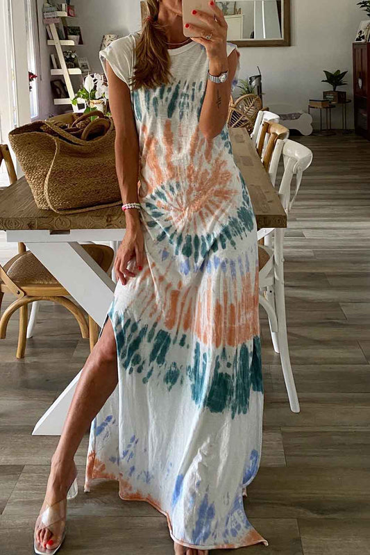 White Tie Dye Sleeveless Long Slit Dress