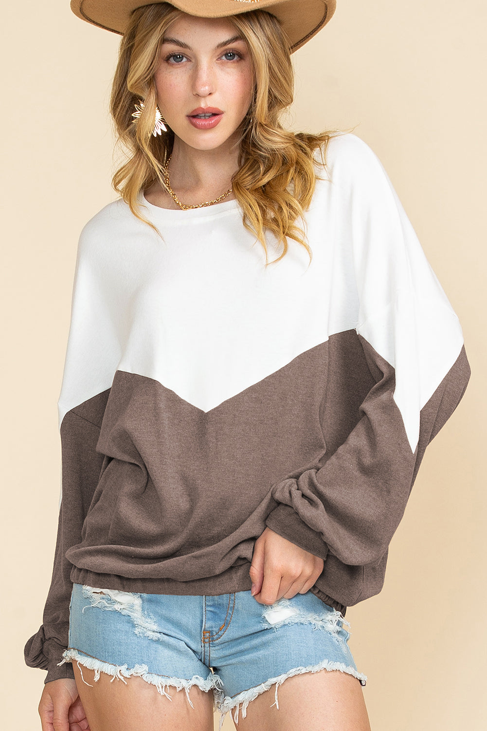 Khaki Colorblock Back Keyhole Elastic Hem Sweatshirt