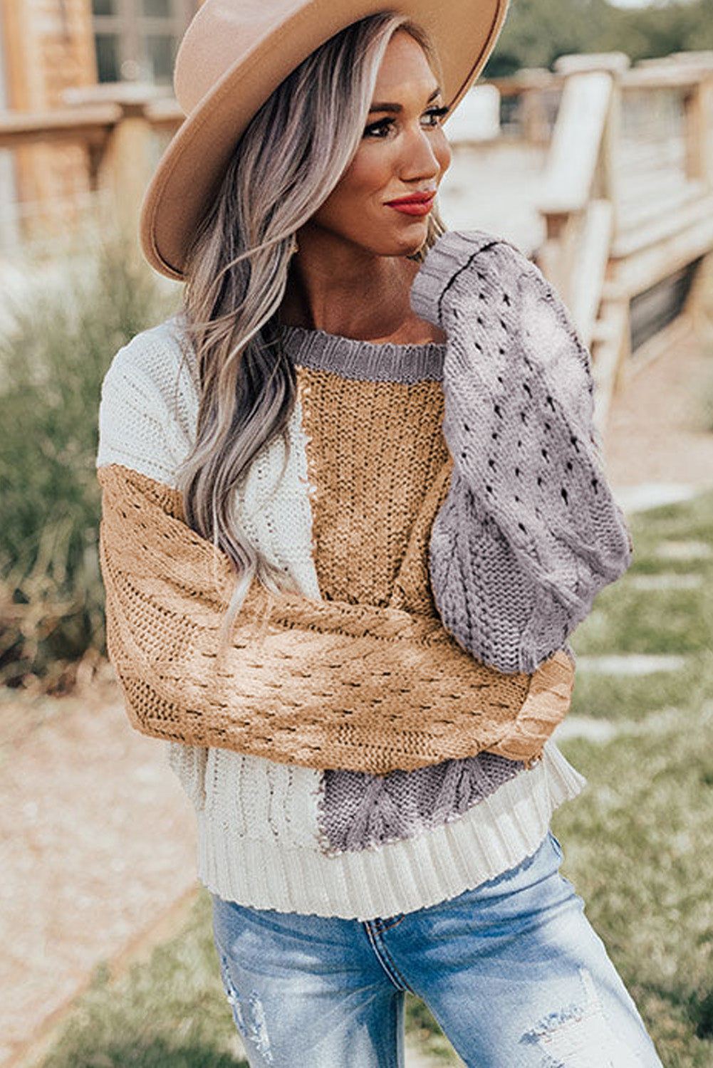 Brown Casual Colorblock Mixed Textured Sweater