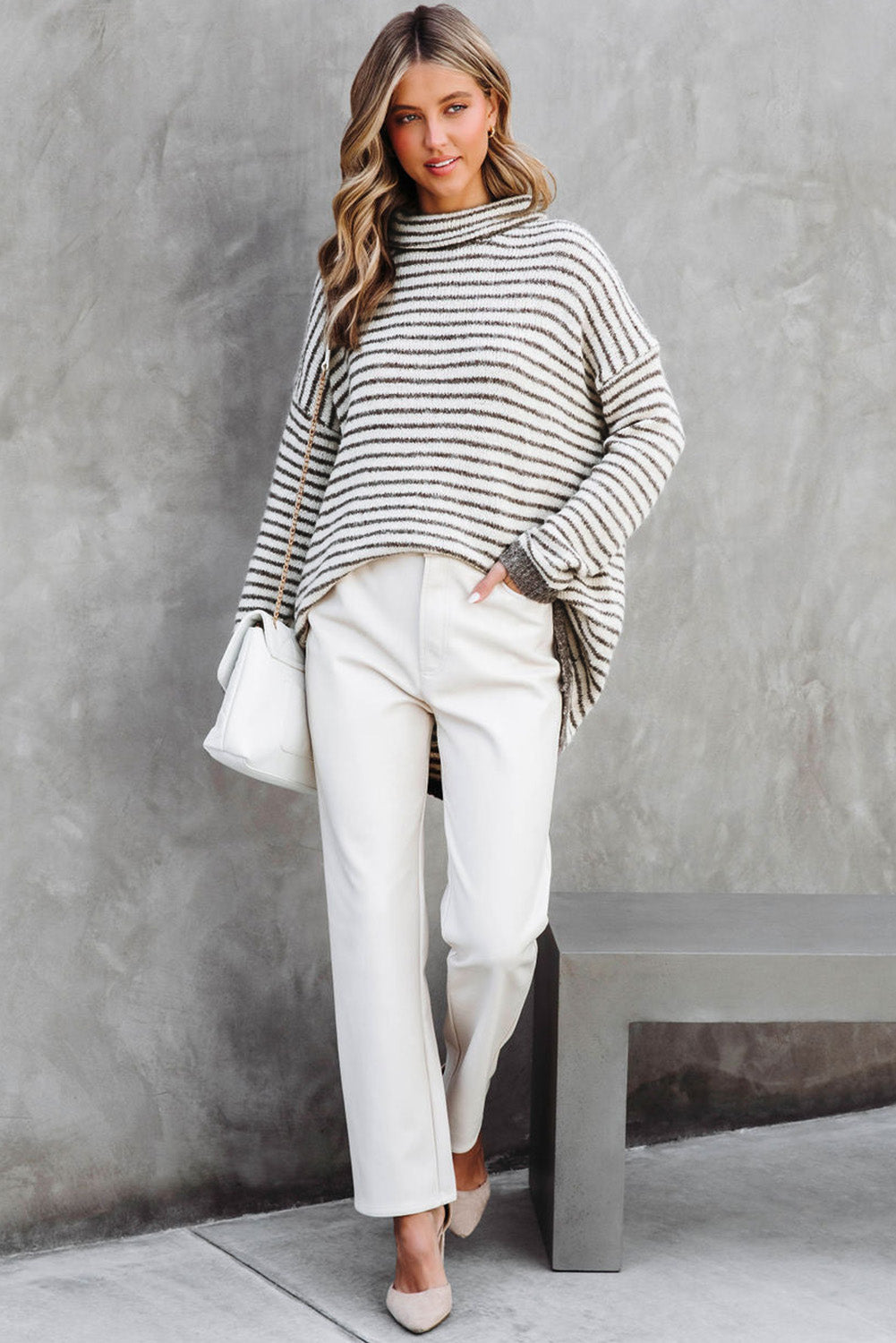 Khaki Striped Turtleneck Oversized Sweater