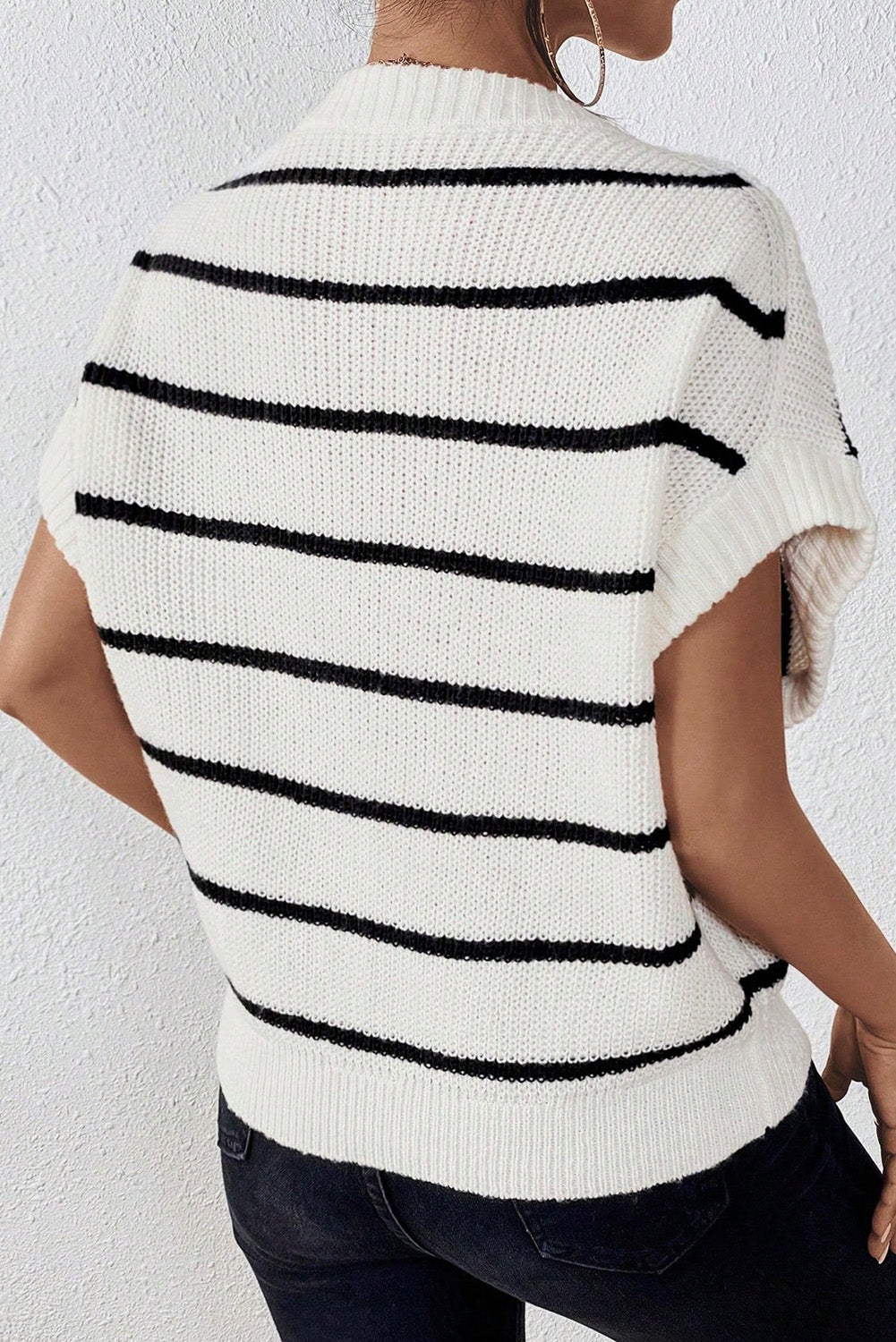White Striped Pattern Batwing Short Sleeve Knit Sweater