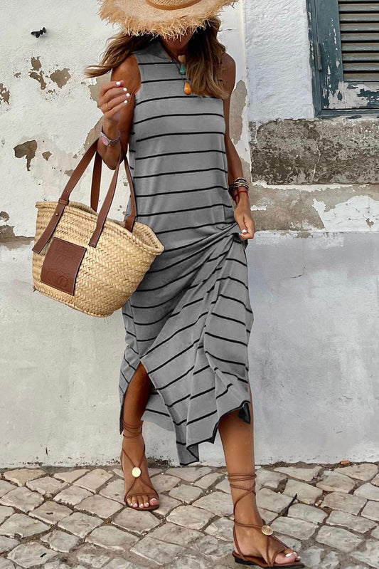 Grey Striped Backless Casual Side Slits Maxi Dress