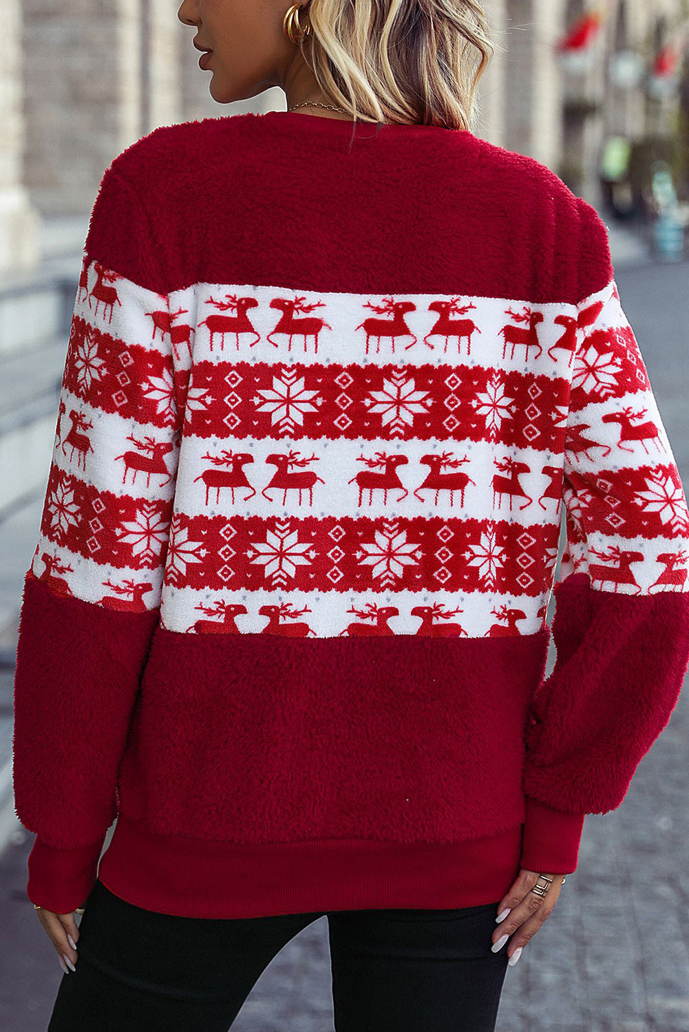 Red Christmas Reindeer Snowflake Fleece Sweatshirt