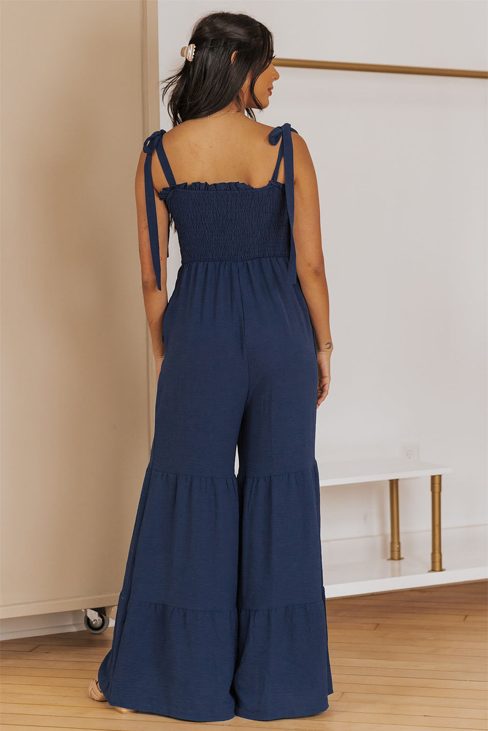 Black Tie Straps Shirred Casual Tiered Wide Leg Jumpsuit