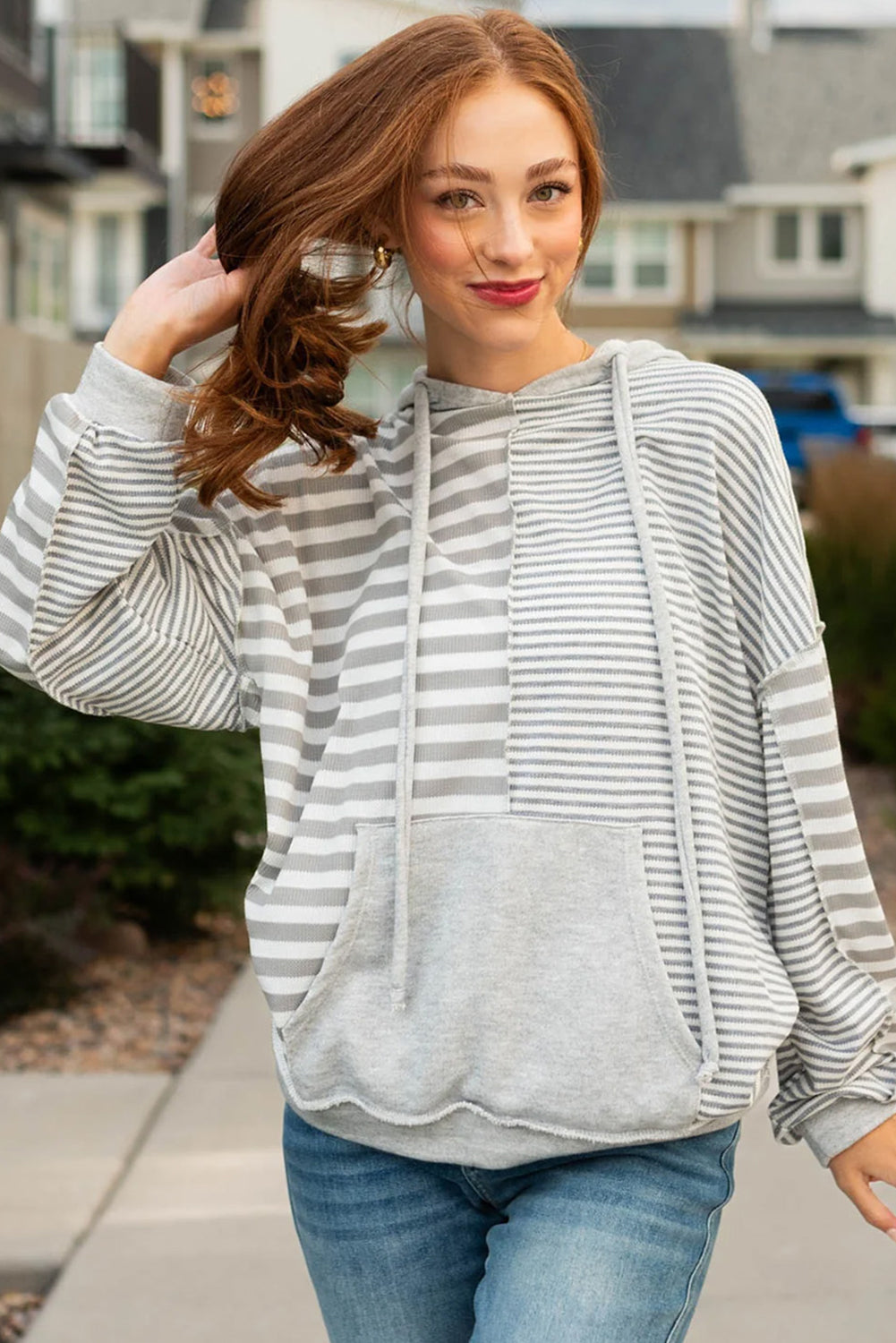 Gray Striped Patchwork Kangaroo Pocket Hoodie