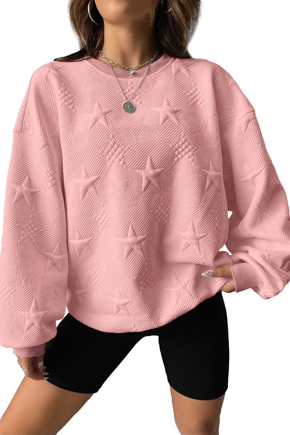 White Star Embossed Textured Drop Shoulder Sweatshirt