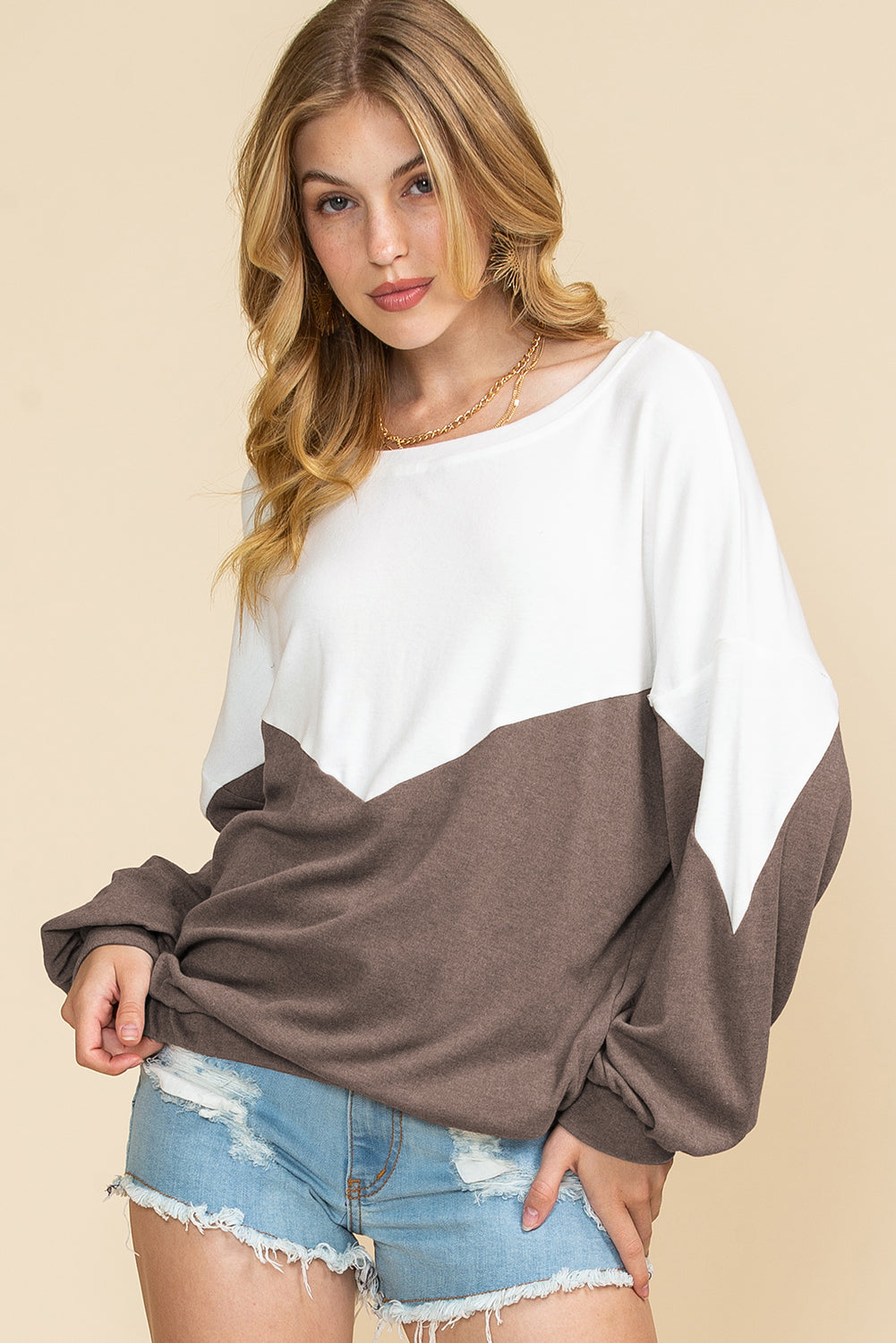 Khaki Colorblock Back Keyhole Elastic Hem Sweatshirt