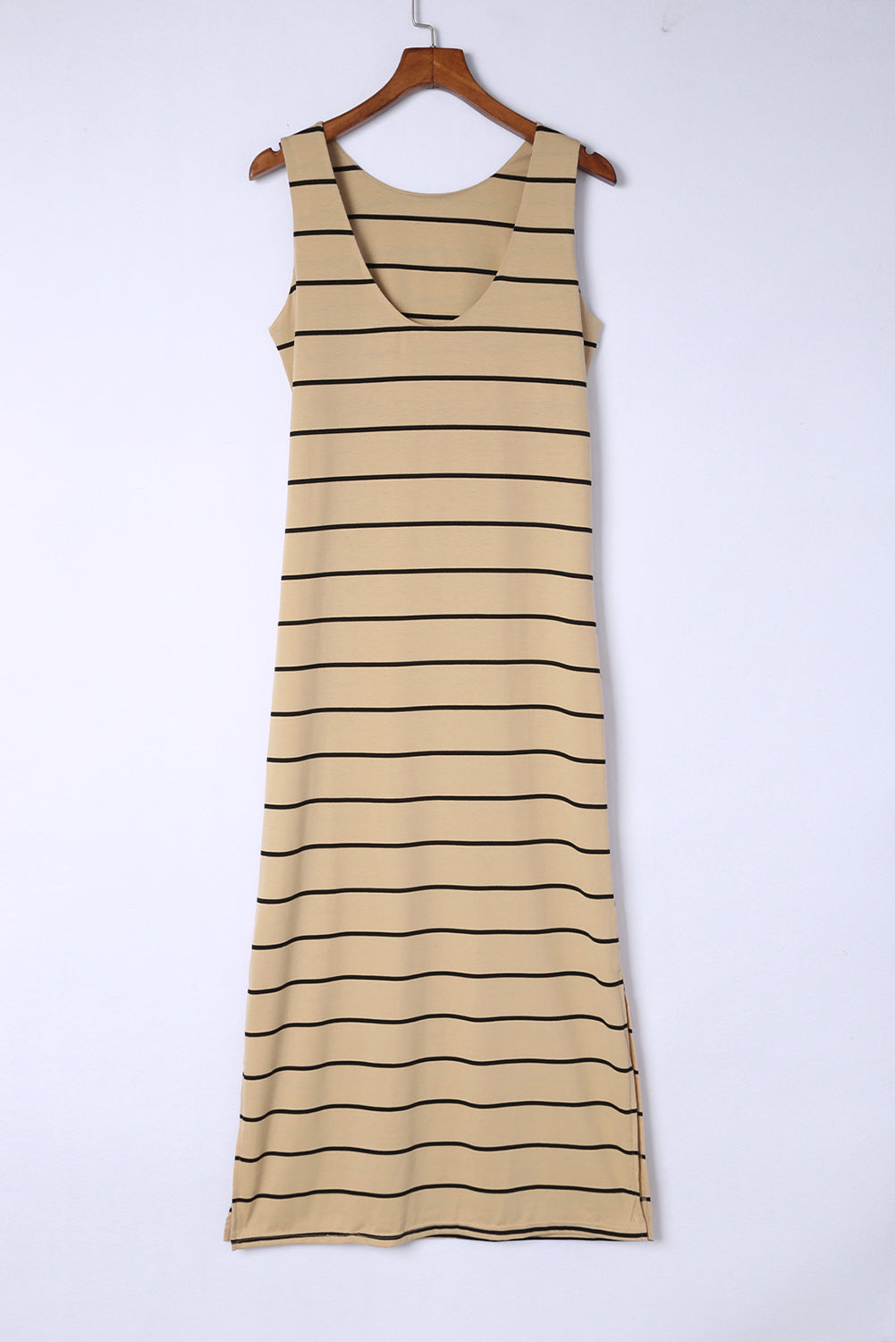 Grey Striped Backless Casual Side Slits Maxi Dress