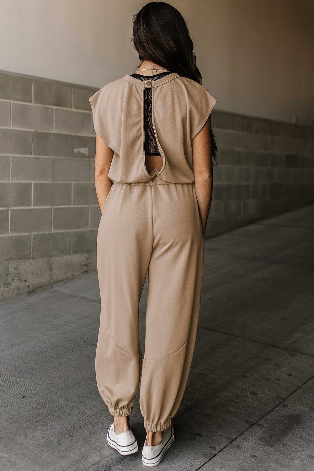 Light Beige Cap Sleeve Backless Drawstring Jogger Jumpsuit