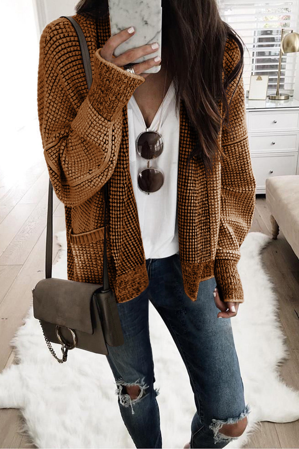 Black Chunky Knit Pockets Drop Sleeve Cardigan