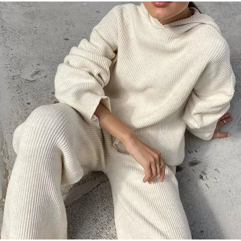 Autumn Knitted Sweat Suits Women Matching Sets Long Sleeve Hoodie+Wide-Legged Pants Loungewear Sweater Set Two Piece Outfits