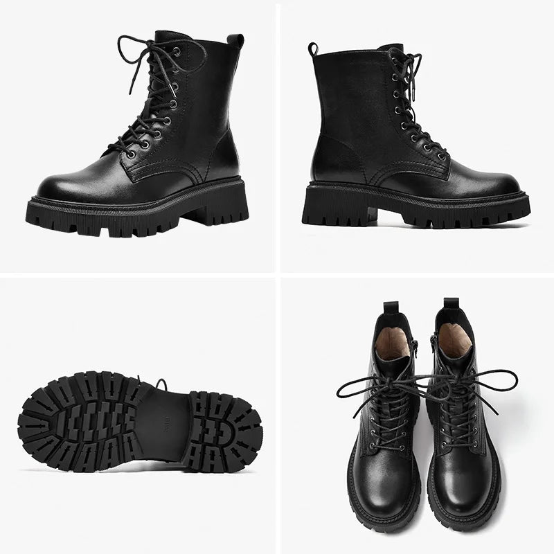 BeauToday Ankle Boots Women Platform Cow Leather Round Toe Lace-Up Zipper Closure Autumn Winter Shoes Thick Sole Handmade 04420