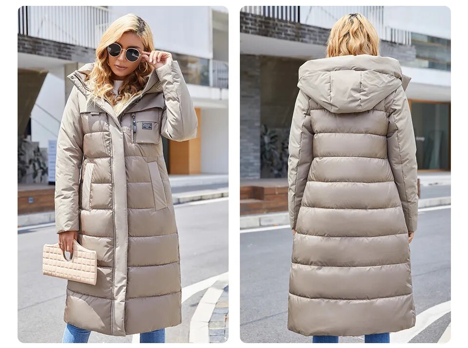 Women's jacket long Fashion Grace women winter down jackets Zipper pocket with belt parka high quality