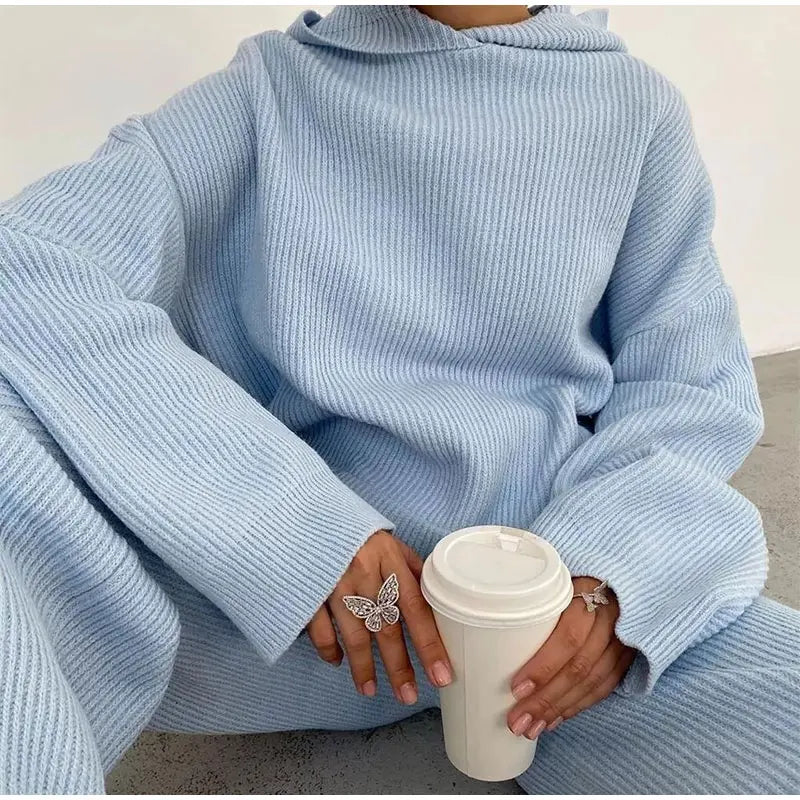 Autumn Knitted Sweat Suits Women Matching Sets Long Sleeve Hoodie+Wide-Legged Pants Loungewear Sweater Set Two Piece Outfits