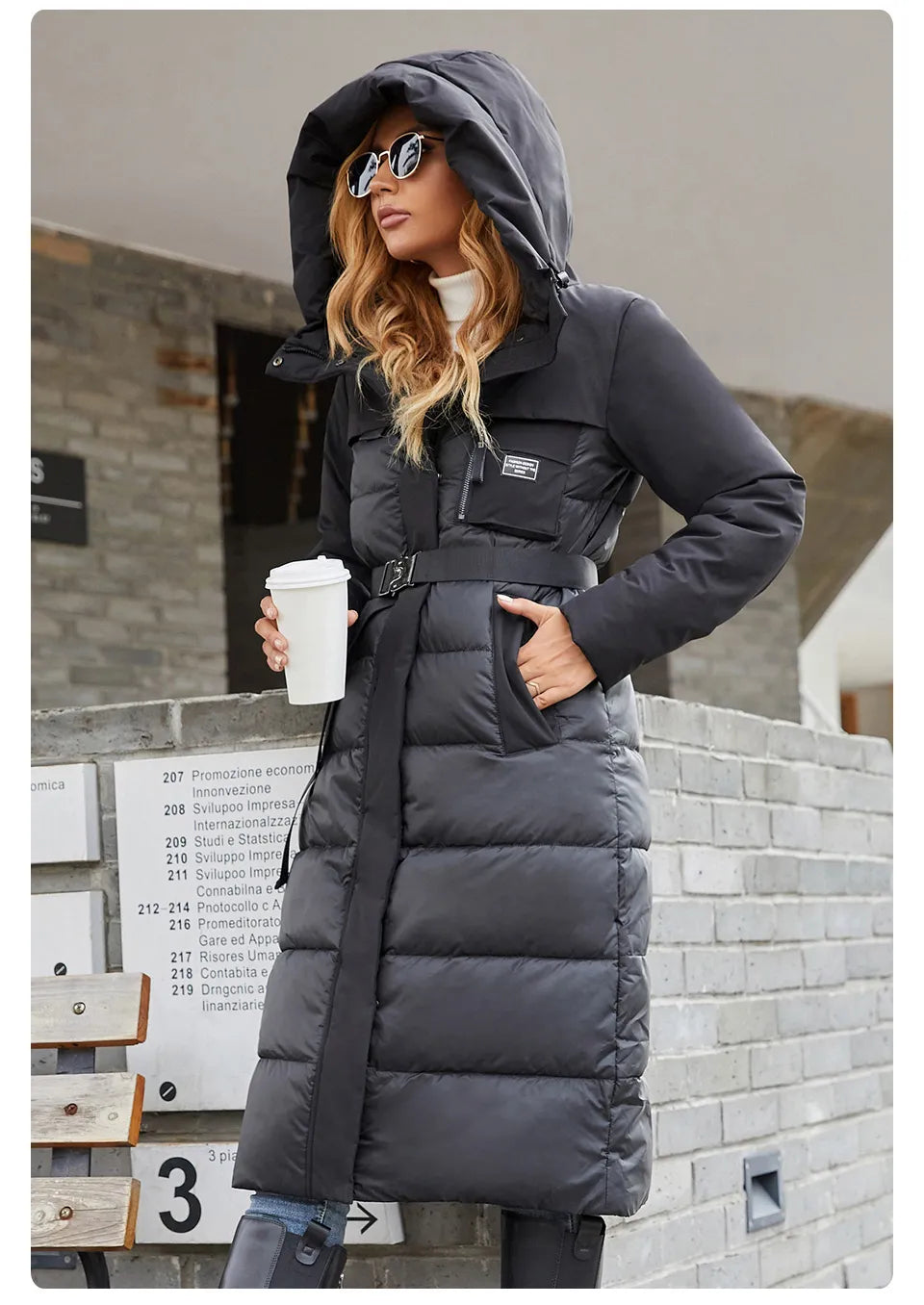 Women's jacket long Fashion Grace women winter down jackets Zipper pocket with belt parka high quality