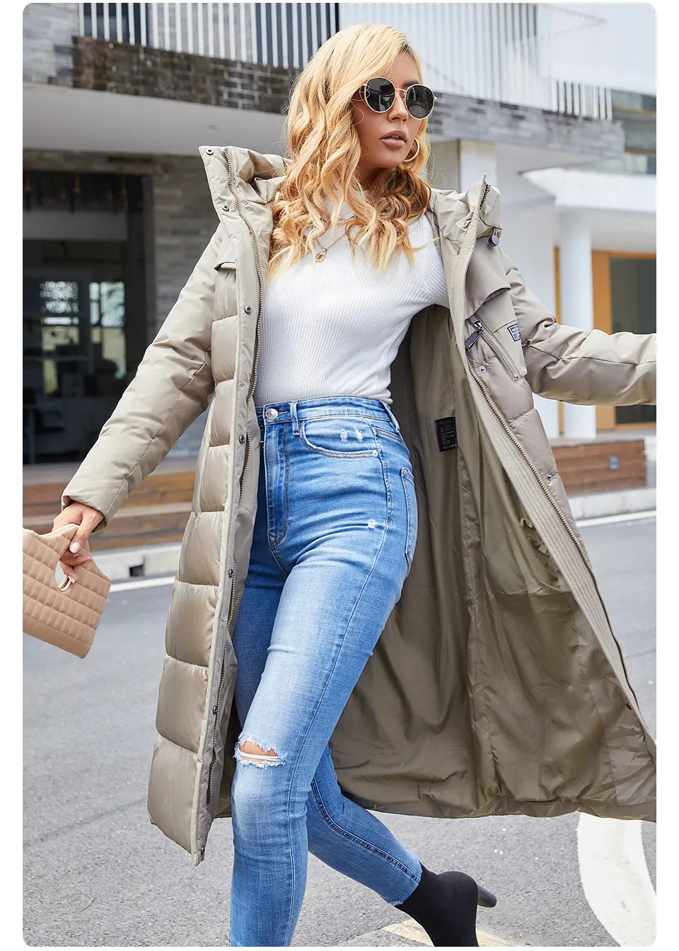 Women's jacket long Fashion Grace women winter down jackets Zipper pocket with belt parka high quality