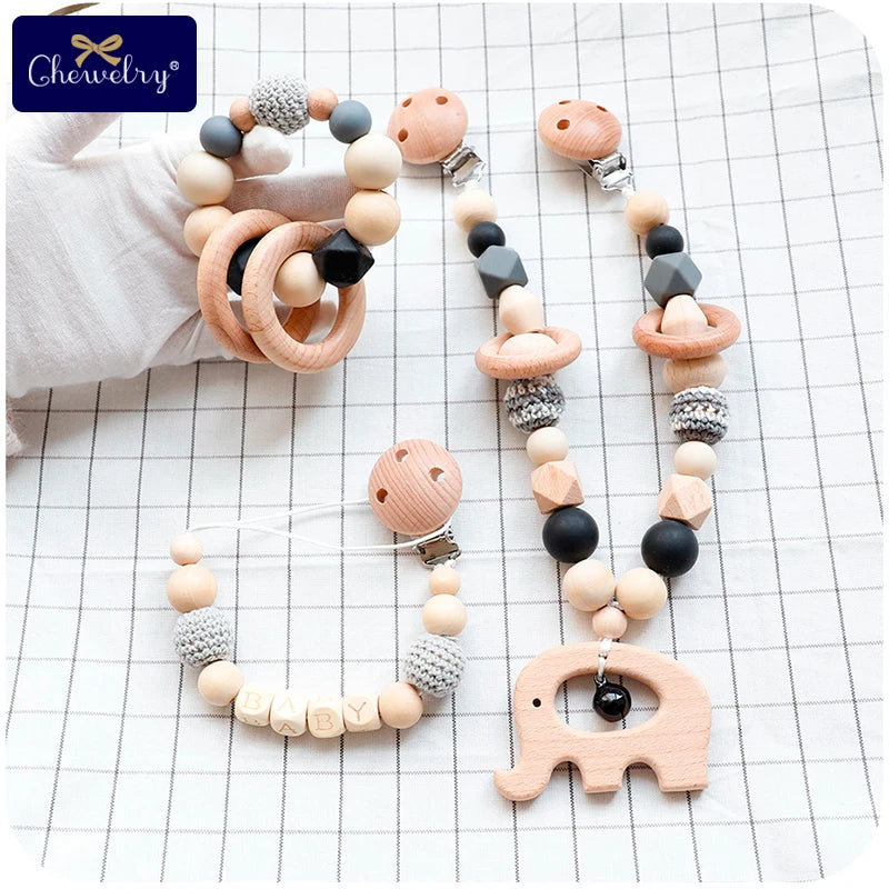 Wooden Teether Baby Play Gym Pacifier Clip Chain Silicone Beads Personalize Dummy Clip Baby Teether Stroller Toys Pram Clip Bell