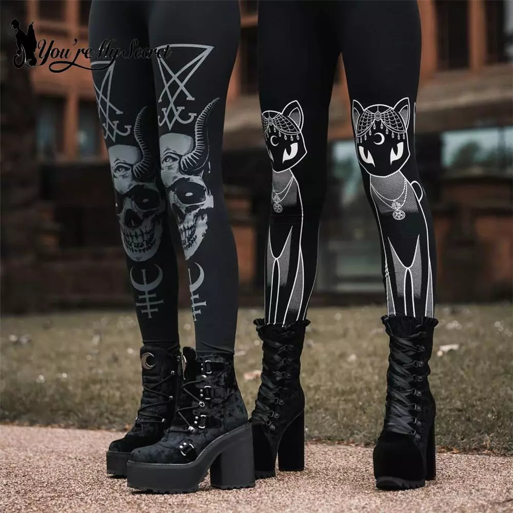 Gothic Leggings For Women Ouija Workout Pants Dark Grunge Black Cat Skull Leggins Devil Satan Legins