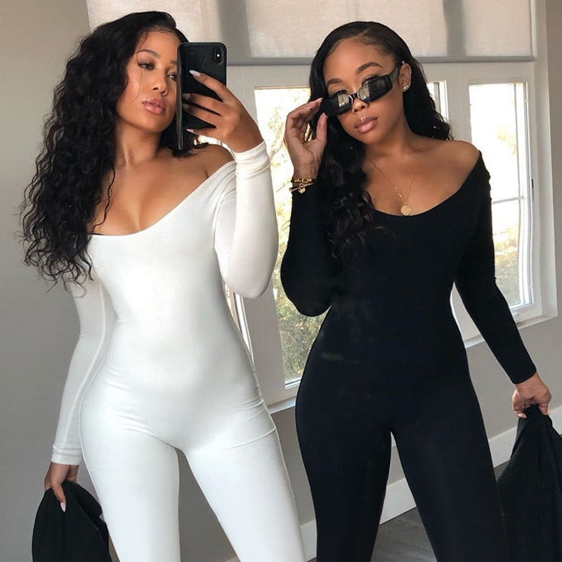 Long Sleeve Slash Neck Skinny Solid Stretchy Bodycon Jumpsuits Autumn Winter Women Fashion Streetwear Outfits Romp