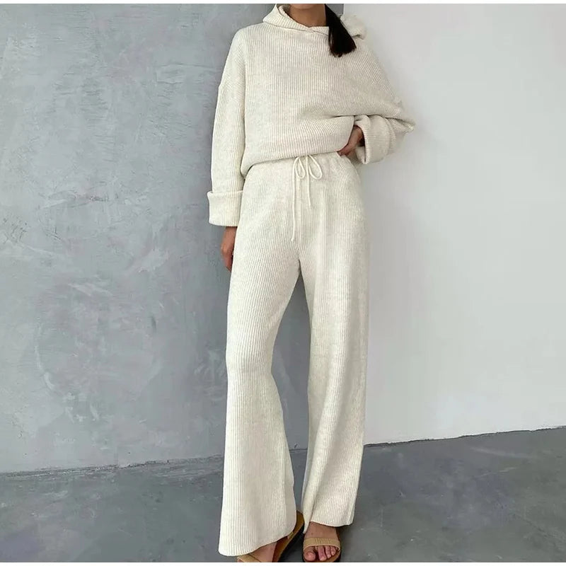 Autumn Knitted Sweat Suits Women Matching Sets Long Sleeve Hoodie+Wide-Legged Pants Loungewear Sweater Set Two Piece Outfits