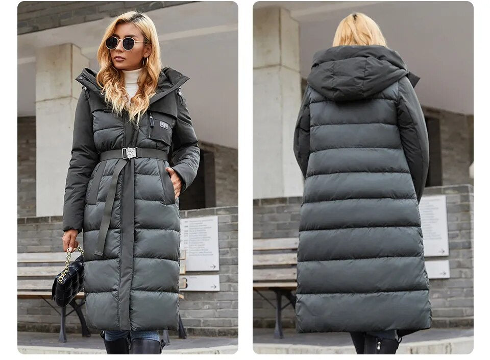 Women's jacket long Fashion Grace women winter down jackets Zipper pocket with belt parka high quality