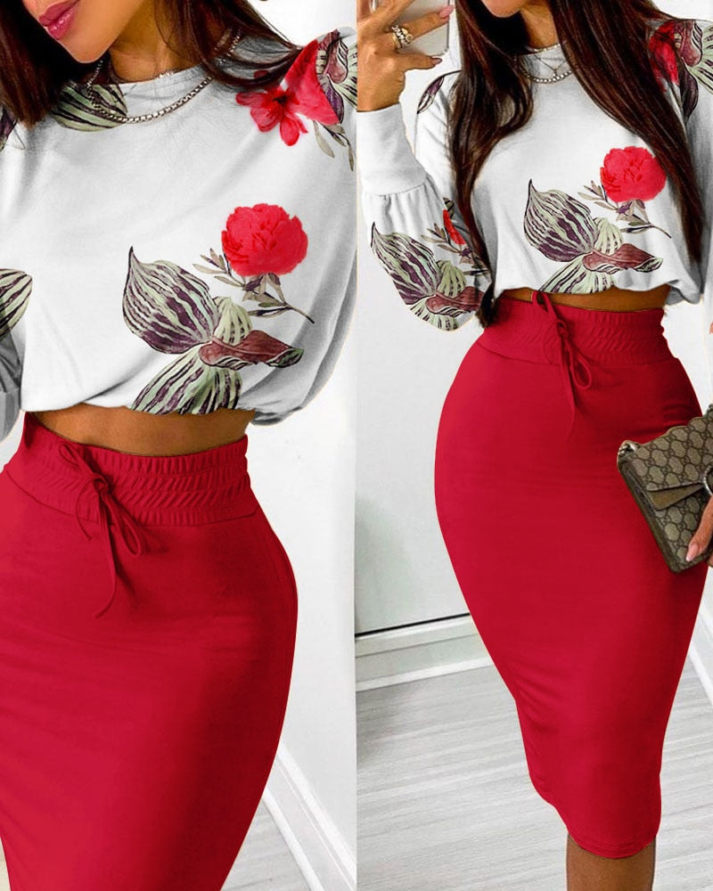 Summer Women 2 Pieces Floral Print Blouse Skirt Set 2023 Femme Crop Top &amp; Drawstring Shirred Skirt Office Lady Outfits Overall