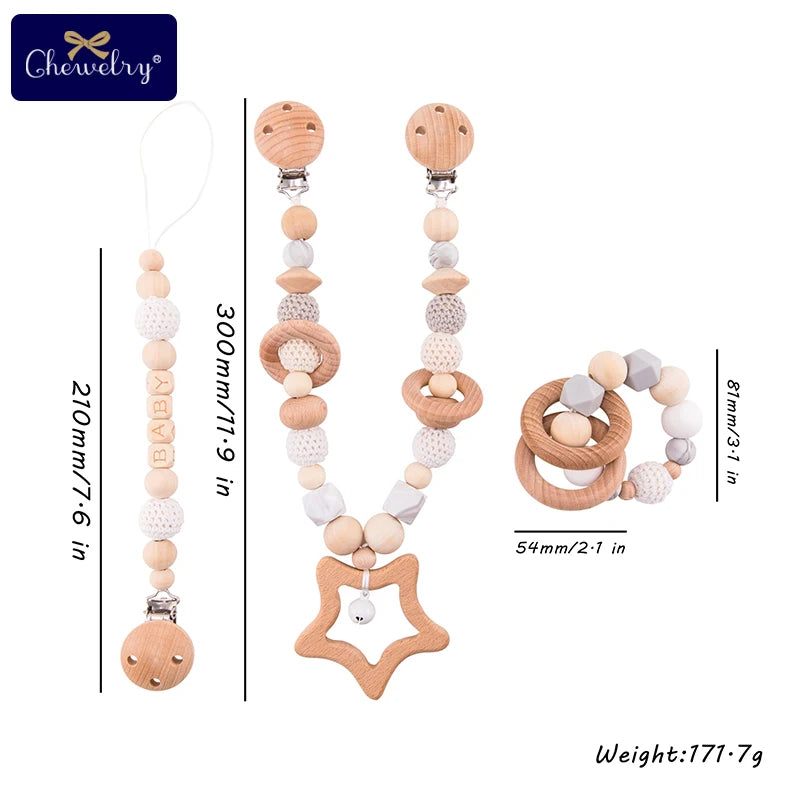 Wooden Teether Baby Play Gym Pacifier Clip Chain Silicone Beads Personalize Dummy Clip Baby Teether Stroller Toys Pram Clip Bell