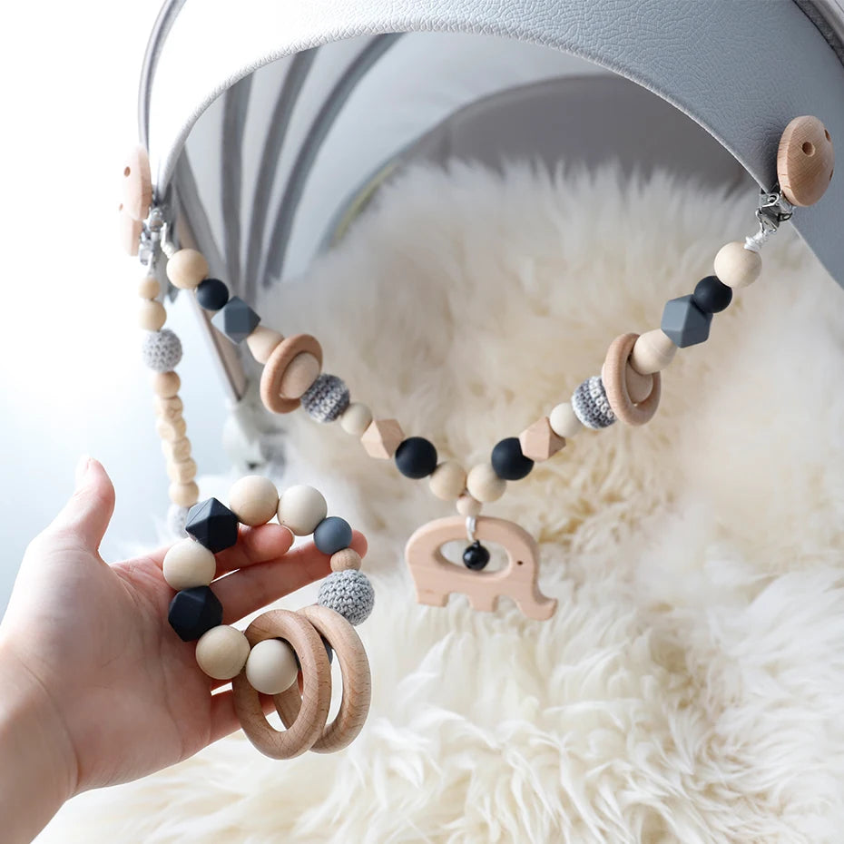 Wooden Teether Baby Play Gym Pacifier Clip Chain Silicone Beads Personalize Dummy Clip Baby Teether Stroller Toys Pram Clip Bell