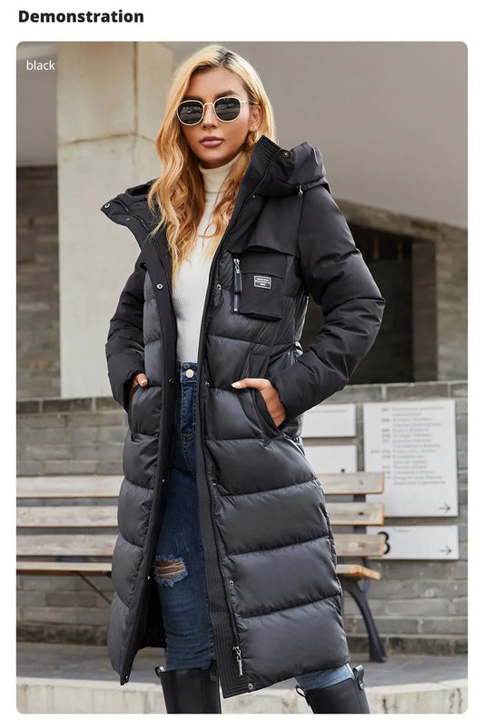 Women's jacket long Fashion Grace women winter down jackets Zipper pocket with belt parka high quality