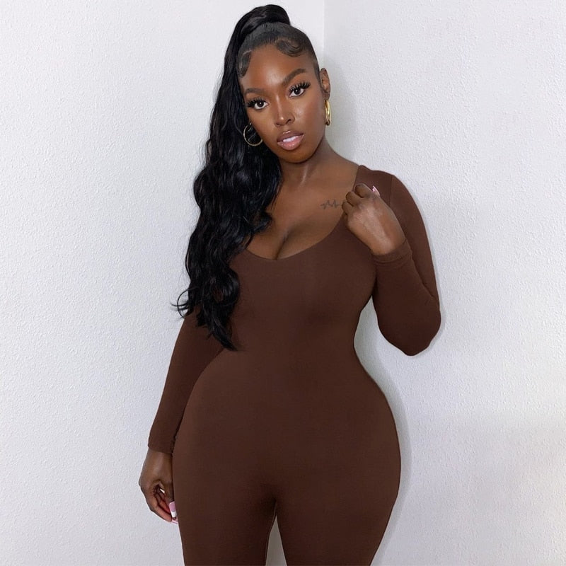 Long Sleeve Slash Neck Skinny Solid Stretchy Bodycon Jumpsuits Autumn Winter Women Fashion Streetwear Outfits Romp